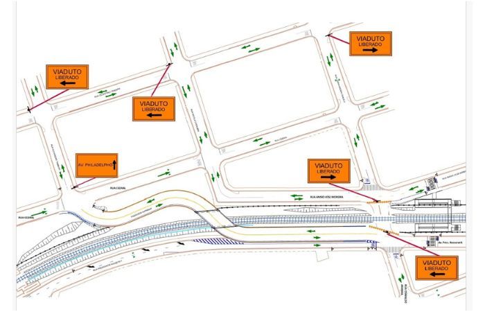 Planta/diagrama viário com marcações indicando viaduto liberado.